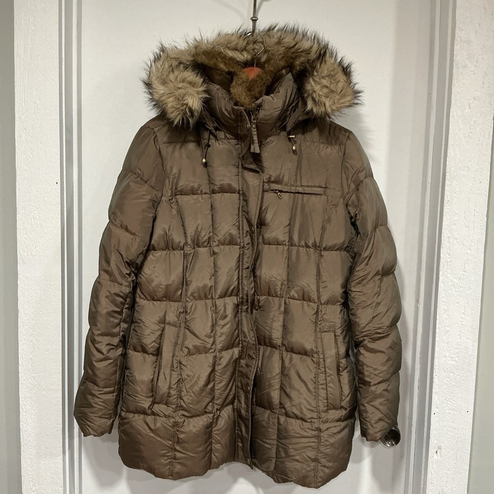 LANDS END Women's M, Olive Green, Down Quilted Puffer Winter Coat, With Faux Fur